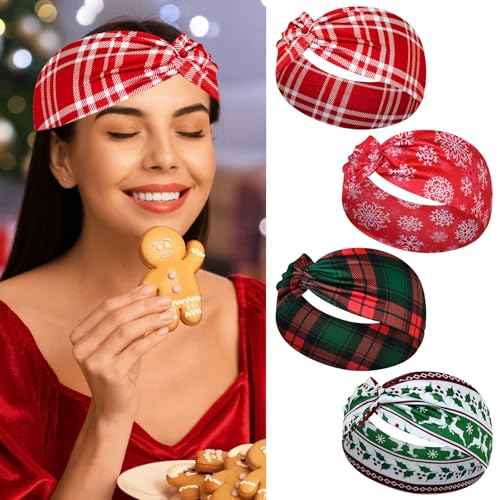 4Pcs Christmas Headbands for Women - Snowflake Santa Snowman Xmas Tree Holiday Hair Bands, Festive Gift Hair Accessories (Plaid)