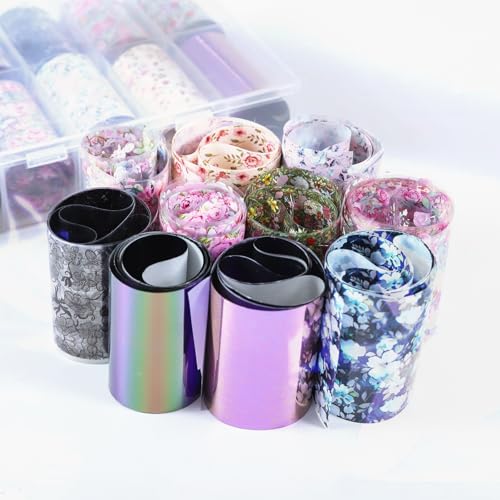 DANNEASY 10 Rolls Flower Nail Art Foil Transfer, Floral Spring Aurora Nail Stickers Foil Sheets, Starry Sky Nail Foils, Holographic Manicure Decals for Women Girls Manicure Tips Supplies