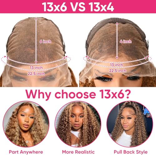 Honey Blonde Ombre Lace Front Wig Human Hair 13x6 HD Highlight Deep Wave Lace Front Wigs Human Hair Pre Plucked 200% Density 4/27 Colored Curly Frontal Wigs for Women 24 Inch