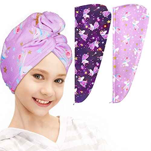 FIOBEE Microfiber Hair Towel Wrap for Kid Rapid Drying Towel Absorbent Hair Turbans for Wet Hair with Button Women Girls Long Curly Hair Pack of 2, Purple