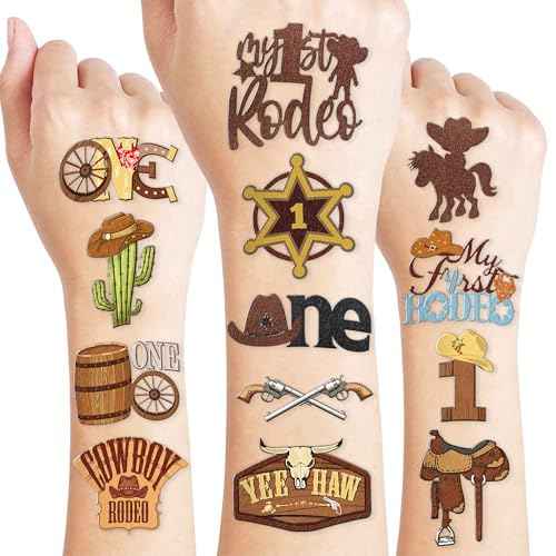 96PCS First Rodeo Pre-cut Temporary Tattoos 8 Sheets Cowboy 1st Party Decorations Favors Supplies Western Theme Birthday Cute Stickers Christmas Gifts Boys Girls Class School Prizes (Normal)