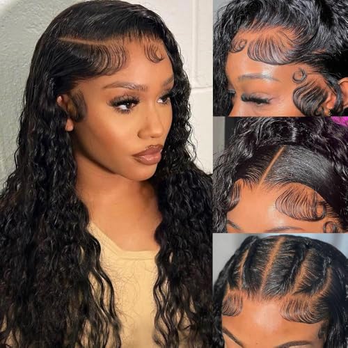 FIRIEYA 13x4 Deep Wave Lace Front Wigs Human Hair 180% Density Glueless HD Transparent Lace Frontal Human Hair Wigs Pre-Plucked with Baby Hair Natural Color (20inch, Natural Black)