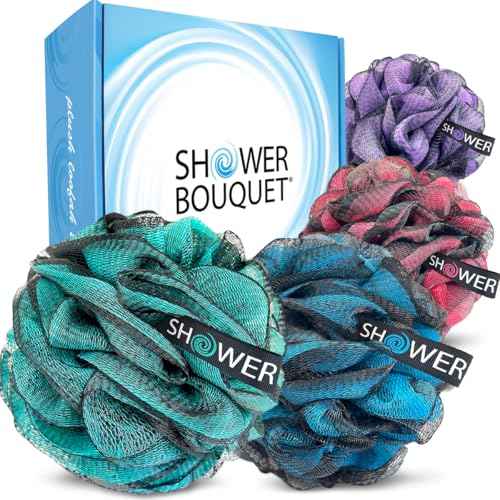 SHOWER BOUQUET Loofah-Charcoal Bath-Sponge XL-Color-4-Pack // Extra Large 75g Soft Mesh Black Luffa Loofa Loufa Puff Set/Exfoliating Body Scrubber for Women and Men - Exfoliate & Soothe Face & Body