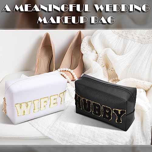 Pinkunn 2 Pcs Wifey Hubby Makeup Bag Bride Patch Cosmetic Bag Mrs Travel Toiletry Purse White Letter PU Leather Waterproof Pouch Wedding Bridal Shower Honeymoon Gift for Women Party Organizer