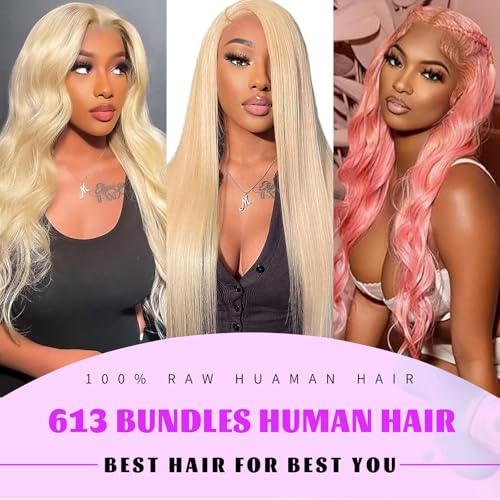 613 Bundles Human Hair 24 Inch Blonde Bundles Human Hair 100% Unprocessed 12A Grade Brazilian Virgin Raw Weave Bundles 1 Bundles Blonde Body Wave Human Hair Extensions for Women