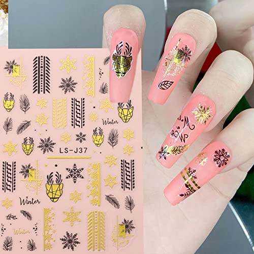 4 Sheets Christmas Nail Stickers Snowflake Nails Black Gold Christmas Nail Art Decorations Winter Snow Flake Elk Abstract French Self-Adhesive Design Nail Art Decals for Women New Years Nail Supplies