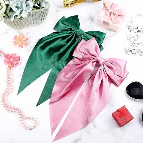 2 Pcs Witch Hair Accessories for Women Satin Pink and Green Hair Bow Clips with Long Tails and Metal Clips Bow Accessories for Princess Witch Birthday Party Decorations