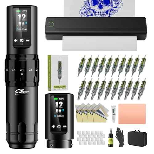 Filter Tattoo Stencil Printer Kit - Printer Machine with 7 Strokes 2.0-4.0mm Tattoo Gun Machine, Extra 1600mAh Power Supply, 20Pcs Tattoo Cartridge Needles for Beginners and Artists