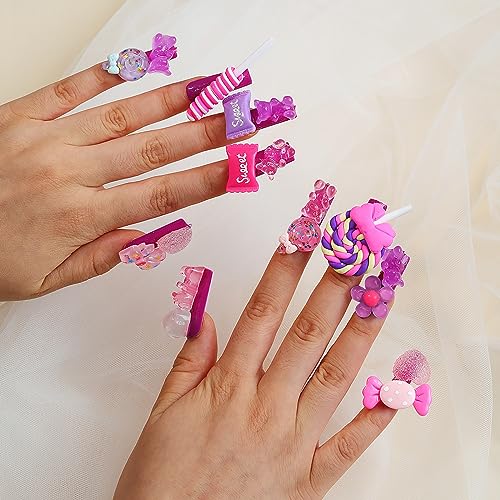 24Pcs Purple Press on Nails Christmas Kawaii Fake Nails Long Square False Nails with 3D Christmas Candy Design Cute Bear Patterns Acrylic Nails Jelly Press on Nails for Women and Girls Xmas Manicure