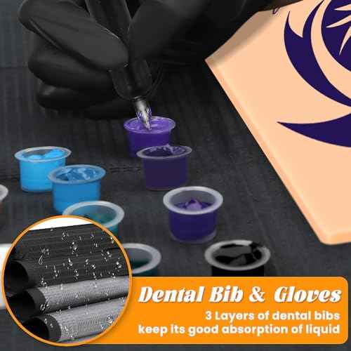125Pcs 3MM Tattoo Skin Practice Kit, Includes 5Pcs 6"x8" Blank Practice Tattoo Skin, 10Pcs Tattoo Stencil Paper, 100Pcs Ink Cups, 5Pcs Tattoo Bib Sheet and 5 Pairs Gloves, Starter Tattoo Supplies Tool