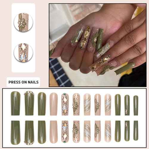 Green Fake Acrylic Long Nails Square False Nails Full Cover Rhinestones Press on Nails for Women and Girls 24PCS