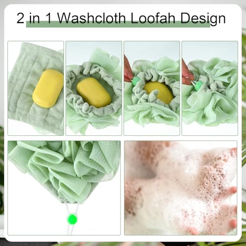 6 Pack Washcloth Loofah Combo 2 in 1 Drawstring Loofah Sponge with Bar Soap Pocket Exfoliation Mesh Shower Puff Ball for Body Wash Cleansing and Smooth Skin (Multicolor)