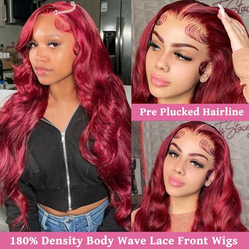 Benafee 28 Inch 99J Burgundy Lace Front Wigs Human Hair Body Wave 13x4 HD Transparent Lace Front Wigs Human Hair Pre Plucked Wine Red Glueless Real Remy Wig for Black Women Reddish Brown Color
