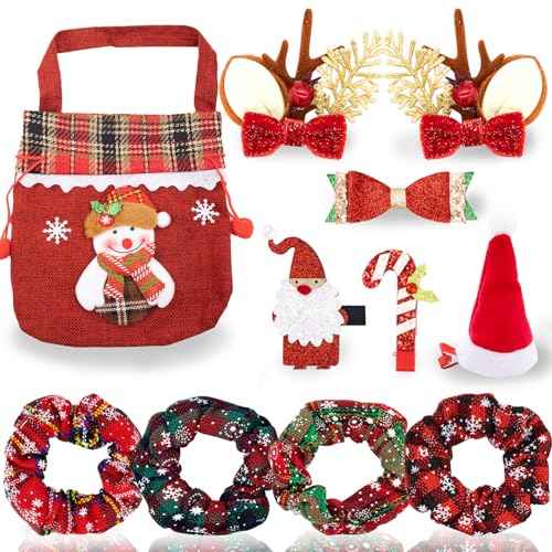 11 Pcs Christmas Hair Clips Cute Decorative Hair Accessories Christmas Hair Scrunchies Snowflake Plaid for Women Girls Cute Hairpin Antlers Bowknot Hat with A Bag