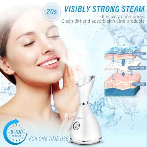 Face Steamer for Facial Deep Cleaning Nano Ionic Face Steamer Warm Mist Humidifier Face Steamer Home Sauna SPA Face with 4 Piece Stainless Steel Skin Kit,Hair Band,Wash Face Sponge