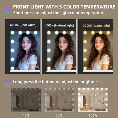 Hansong RGB Vanity Mirror with Lights 23" x 18" LED Hollywood Mirror Makeup Mirror with 15 Dimmable Bulbs and 10X Magnification 3 Colors Modes Touch Control