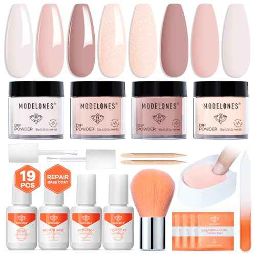Modelones Dip Powder Nail Kit, 4 Colors Nude Pink Glitter Dipping Starter Set with Liquid and Complete Accessories for French Nails Art Salon DIY at Home Manicure