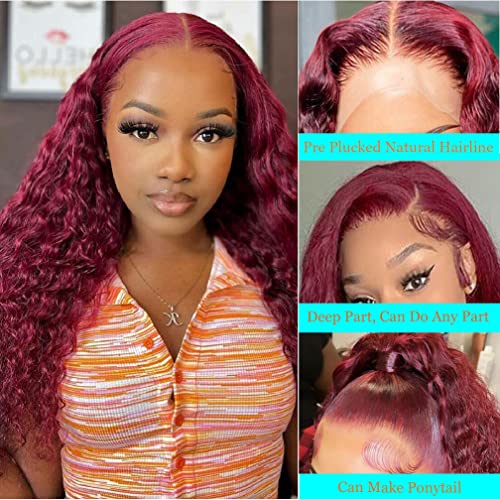 99j Burgundy Lace Front Wigs Human Hair Deep Wave 13x4 Hd Lace Frontal Wigs for Black Women Glueless Wigs Human Hair Pre Plucked Deep Curly Wet and Wavy Red Colored Lace Front Wig (26 Inch)