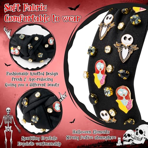 Halloween Christmas Headband for Women - Xmas Nightmare Spooky Ghost Knot Headbands Rhinestone Crystal Knotted Headband Embellished Wide Top Knot Hairbands Xmas Hair Accessories Outfits Party Gifts