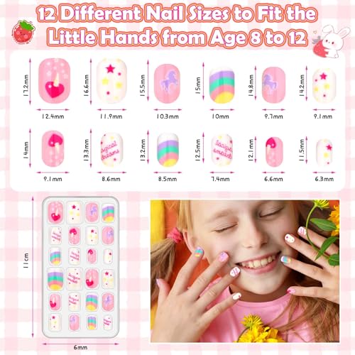 288 Pieces Kids Nails Press ons for Girls, Acejoz Fake Nail Set Pre Glue Stick on Short Nails for Children Little Girls 8-12