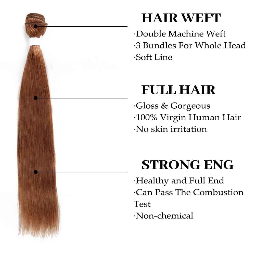 Ginger Brown Long Straight Human Hair Bundle Light Brown 1 Straight Bundle Double Weft Hair Weave Color 30 Bundle Human Hair Brazilian Hair Extension 24 inch