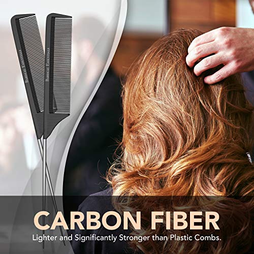 Professional 8.8 Inch Tail Comb (2 Pack) - Black Carbon Fiber And Stainless Steel Tail Comb - Anti Static And Heat Resistant - Lightweight For All Hair Types By Bardeau Essentials