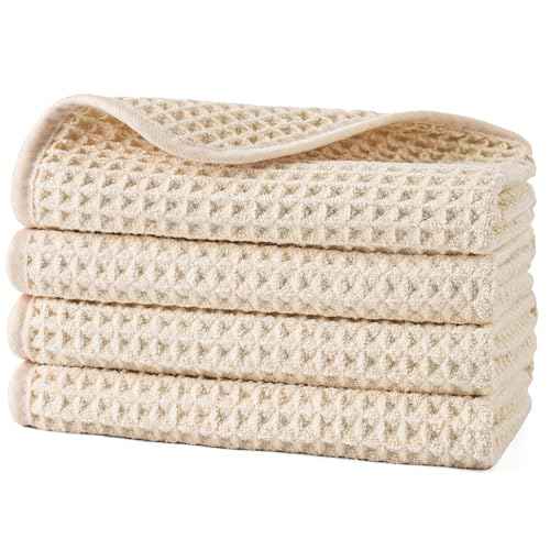 POLYTE Microfiber Lint Free Washcloth Face Towel, 13 x 13 in, 4 Pack (Waffle Weave)