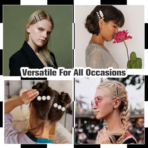 18Pcs Acrylic Checkered Hair Clip,Black and White Checkered No Bend Hair Clips for Women,Wave Geometric Duckbill Pins,Korean Styling Minimalist Hair Barrettes for Women Girls,Gifts for Women Girls