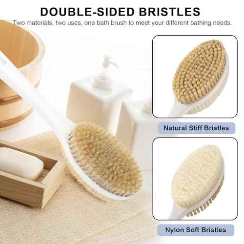 Back Scrubber for Shower with Long Handle, Exfoliating Bath Brush for Body - Double Sided Bristles (Stiff & Soft), Anti-Slip Grip, Lightweight - Gift for Seniors, Includes Lanyard & Hook, Blue