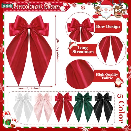 5 Pcs Satin Hair Bows - Big, Long Tail Ribbon Hair Bows in Red and Green for Christmas