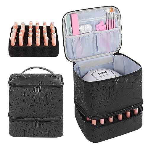 Nail Polish Storage Organizer Double Layer Gel Nail Polish Bag for Nail Dryer UV Light Carrying Case Holds 30 Bottles Travel Portable Compartment Bag for Manicure Supplies, Black (BAG ONLY)