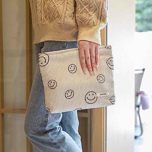 Makeup Bag For Women - Corduroy Cosmetic Bags Aesthetic Design Ladies Tote pouch Women's Pencil Case,Cute Smiley Face Makeup Organizer with Zipper (Beige)