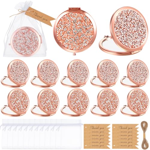 12 Sets Small Compact Mirror Round Pocket Makeup Mirror with Thank You Tags, Twine, Organza Bags Magnifying Rhinestone Cosmetic Mirror for Purse Women Girls (Classic Colors)