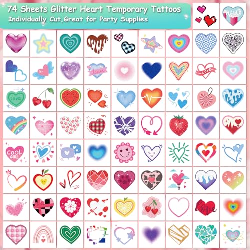 Glitter Heart Temporary Tattoos for Party Decoration - 74 Individually Sheets | Waterproof & Easy Peel | Cute Tattoos Stickers for Girls Women