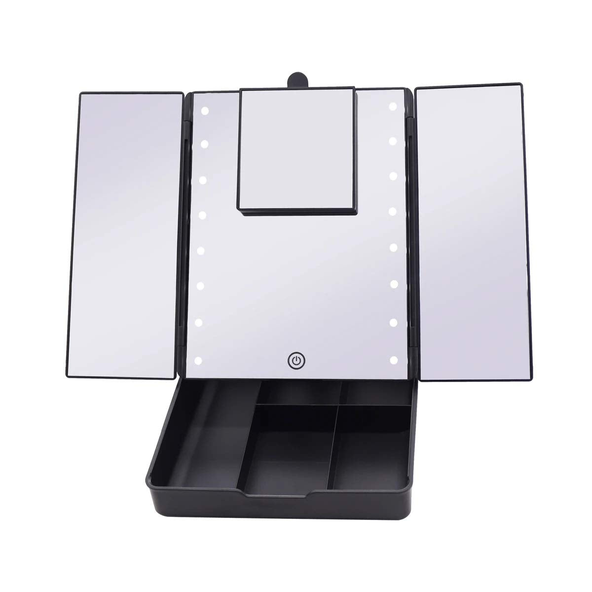 Impressions Touch Trifold LED Makeup Mirror with Vanity Organizer, 7X Magnifying Desk Mirror with Standing Base and USB Cable (Black)