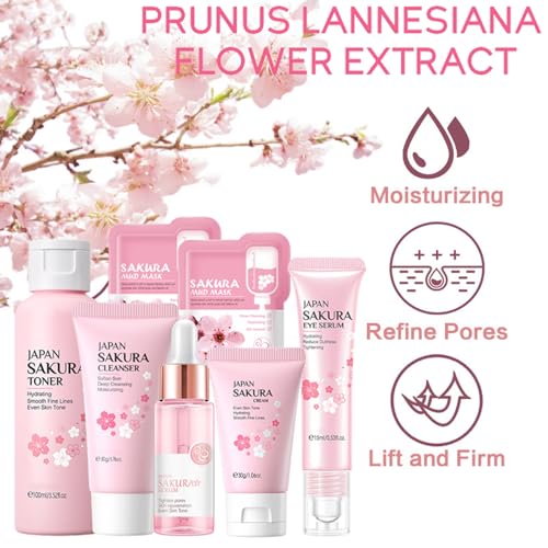 Skin Care Set Sakura Women Beauty Gift Sets Korean Skin Care Kit- Cleanser,Serum,Face Cream,Toner,Eye Cream,Mud Mask-Skin Care Routine Kit (One Size, Cherry Blossom-StyleA-Bae Moisturizing)