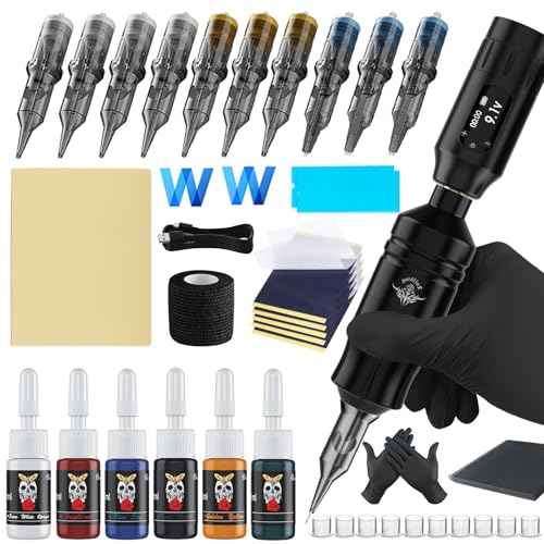 Beginners Tattoo Gun Kit - Wireless Tattoo Machine Kits with 1300mAh Battery, Rotary Tattoo Pen Set with 10pcs Cartridge Needles for Beginners Tattoo Supplies (45Pcs)