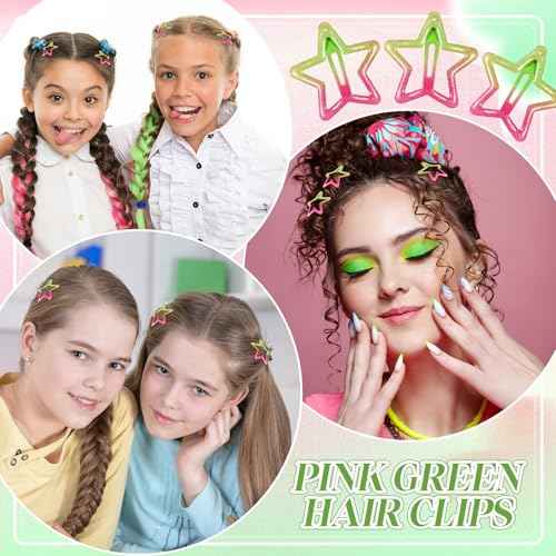 24 Pcs Pink and Green Hair Accessories Star Hair Clips Witch Decoration Metal Glue Snap Star Barrettes for Girl and Women Gifts