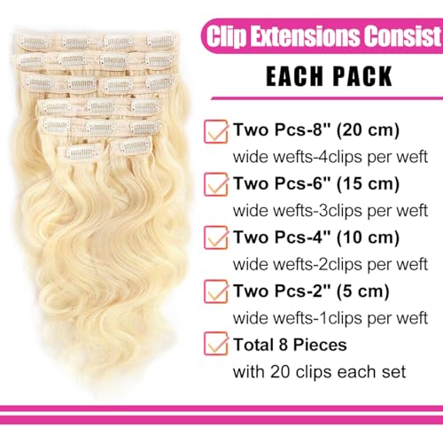 26 Inch Blonde Clip in Extensions 8Pcs 110g Clip in Hair Extensions Real Human Hair Body Wave 613 Blonde Clip ins Brazilian Remy Human Hair Extensions for Women Double Weft