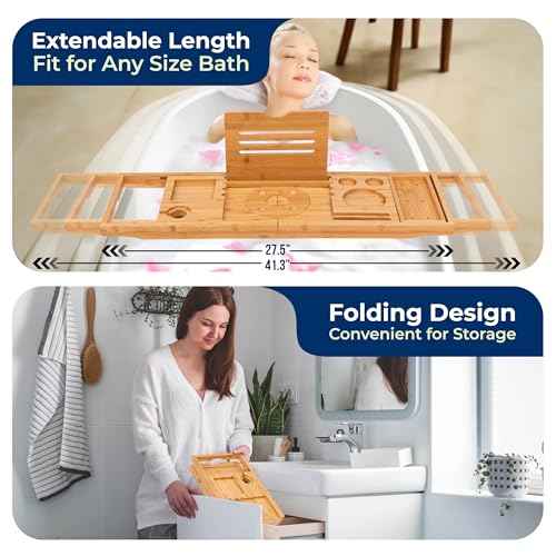 SereneLife Bathtub Tray - Expandable Bath Tray for Tub, Foldable Adjustable Bamboo Caddy with Non-Slip Handles, Device Holder and Wine Glass Slot for Bathing Luxury (Folding, Hard Back, Gift Set)