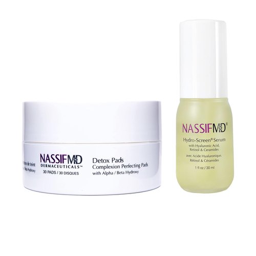NassifMD Detox Pads & Hydro Screen Serum Bundle, Exfoliate & Hydrate, Glycolic Acid Pads & Retinol Serum, Face Exfoliating Pads & Ceramide Serum