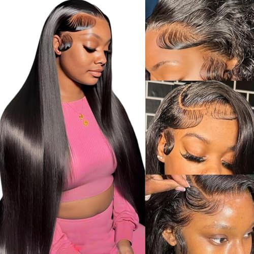 Straight Lace Front Human Hair Wig Pre Plucked 200 Density Glueless Natural Black Straight Wig Human Hair 13x4 HD Lace Frontal Wigs for Women (24 Inch)