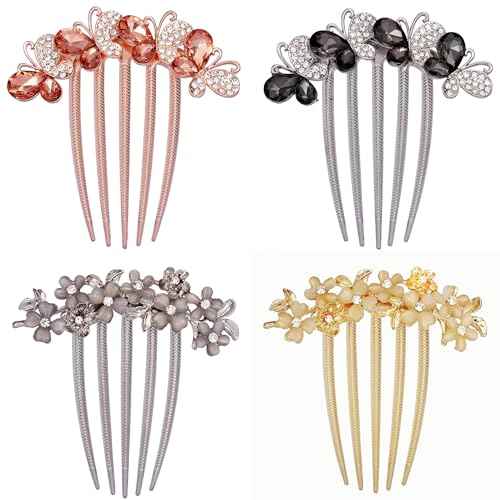 4 PCS Flower Rhinestones Hair Combs Accessories Wedding Crystal Opal Hair Side Combs Long Teeth Slide Hairpins Barrettes Clips Butterfly Hair Accessories for Women