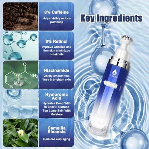 Eye Serum with 8% Caffeine 8% Retinol Hyaluronic Acid Niacinamide peptides for Puffy Bags Fine Lines Dark Circles Wrinkles, Under Eye Cream with 360¡Æ Roller Massage Ball, 0.5 fl. oz