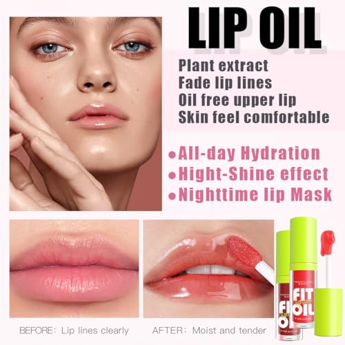 4 Colors Moisturizing Lip Oil Set, Big Brush Head Hydrating Lip Glow Oil, Shiny Moisturizing Lip Gloss, Nourishing & Non-Sticky Long Lasting Fresh Transparent Tinted Plumping Lip Oil- Set A