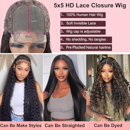 SODLIS 5x5 HD Lace Closure Wigs Wear And Go Glueless Wigs Pre Plucked With Baby Hair Ready to Go Deep Wave Lace Front Wigs for Women (Black, 24 Inch, Curly)