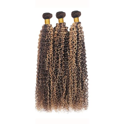 Brown Human Hair Bundles P427 Highlight Honey Blonde Curly Wave 3 Bundles Human Hair 30 32 34 Inch Double Weft Grade 12A Unprocessed Virgin Remy Hair 2 Tone #4 Mixed With Color 27 50g Per Bundle