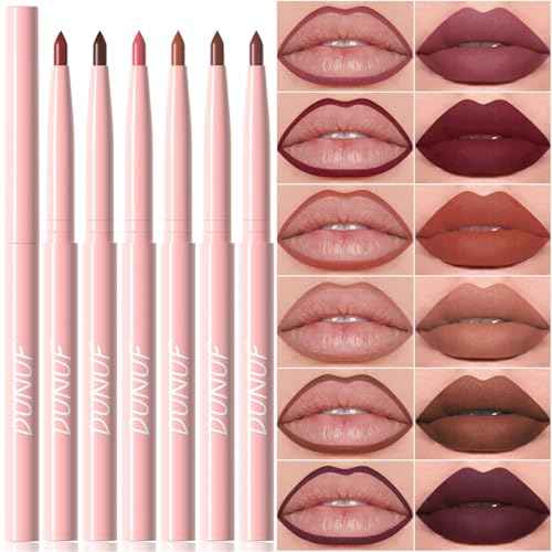 6Pcs Retractable Lip Liner Pencils Set, Mauve Maroon Dark Red Nude Chocolate Brown Plum 6 Rich Pigmented Shades Waterproof & Long-Lasting Creamy Matte Velvet Finish for Shaping & Sculpting Lips (#01)