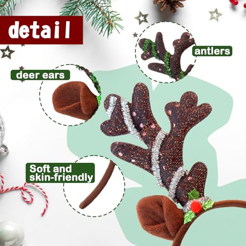 12 Pcs Reindeer Antlers Headband, Glitter Sequins Christmas Ears Headband, Deer Hairbands for Kids & Adults, Perfect for Holiday Photo Booth Props & Party Favors