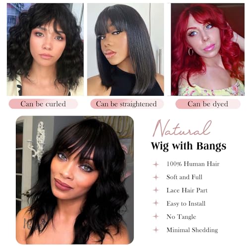 Fancy Hair Natural Wavy Human Hair Wig with Bangs Glueless Body Wave Brazilian Virgin Human Hair Wigs with Bangs for Black Women Natural Black 16 inches